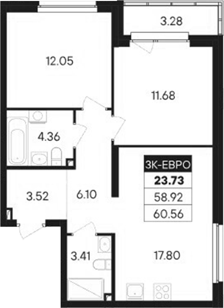 Планировка — Современник, 3-комн., 59 м²
