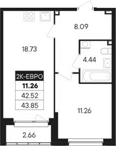 Планировка — Современник, 2-комн., 43 м²
