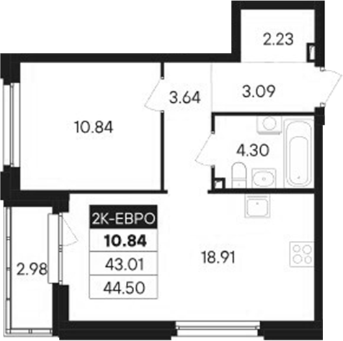Планировка — Современник, 2-комн., 43 м²