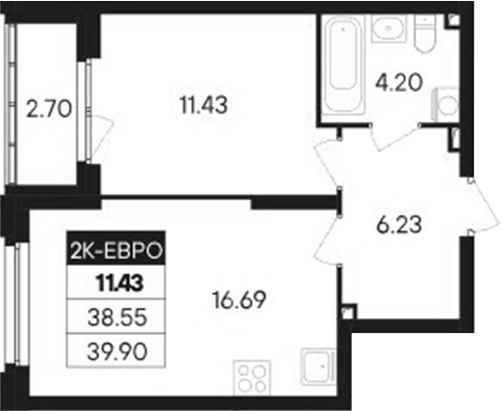 Планировка — Современник, 2-комн., 39 м²