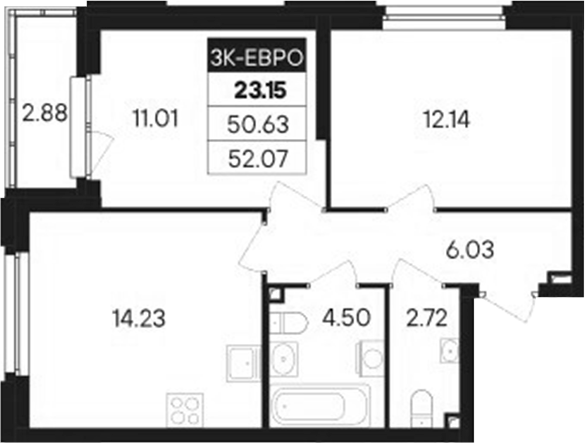 Планировка — Современник, 3-комн., 51 м²