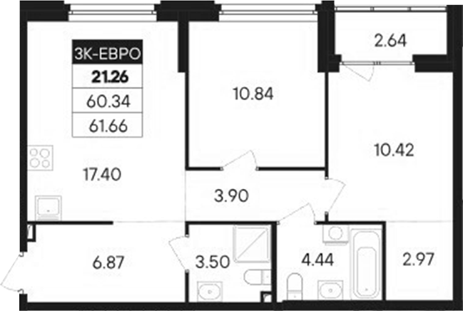 Планировка — Современник, 3-комн., 60 м²