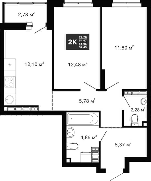 Планировка — Радиостанция, 2-комн., 55 м²