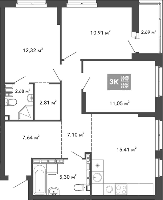 Планировка — Радиостанция, 3-комн., 75 м²