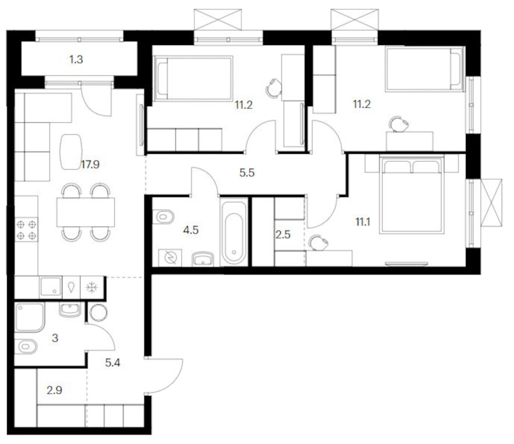 Планировка — Исеть парк, 3-комн., 75 м²