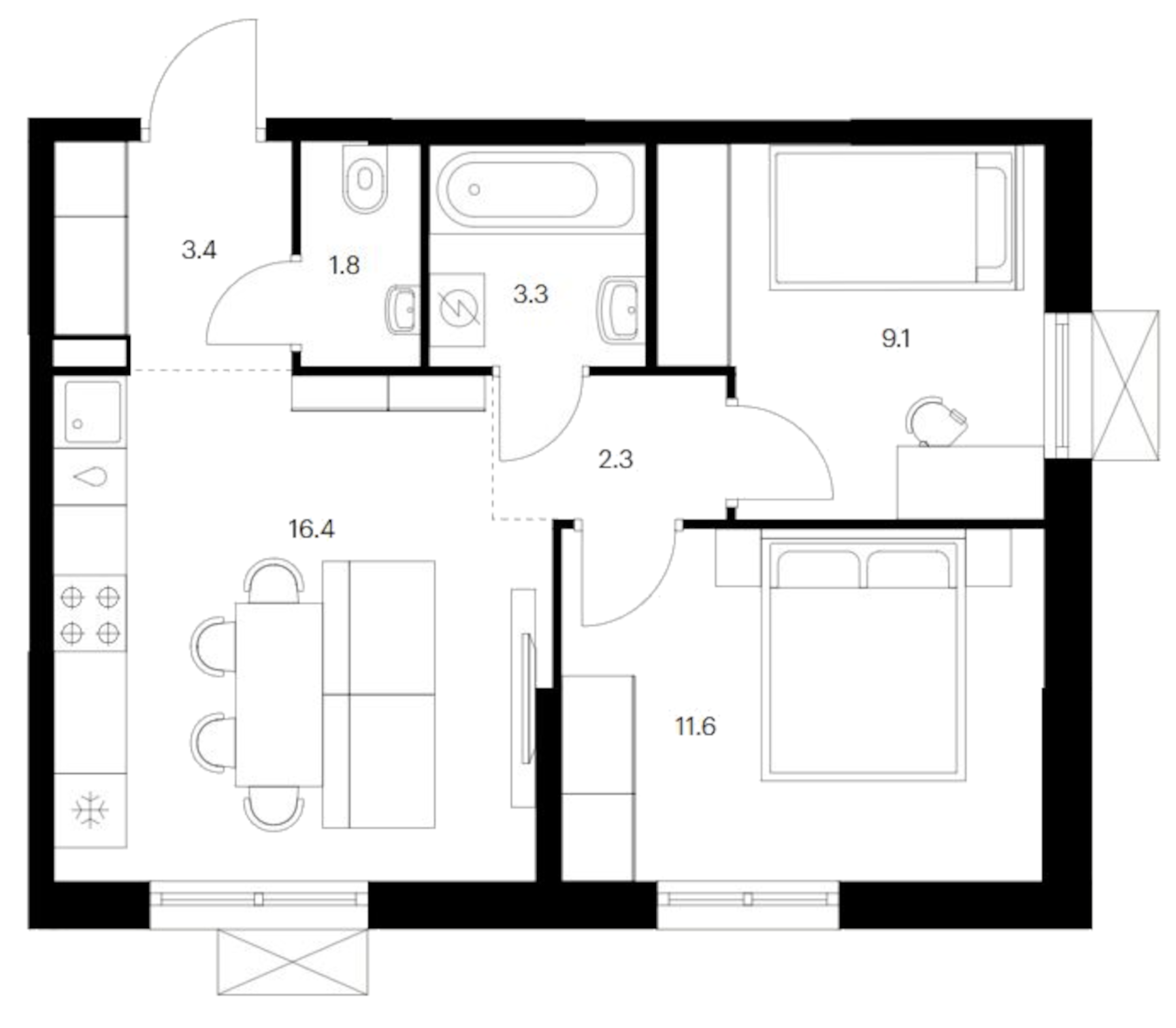 Планировка — Исеть парк, 2-комн., 48 м²