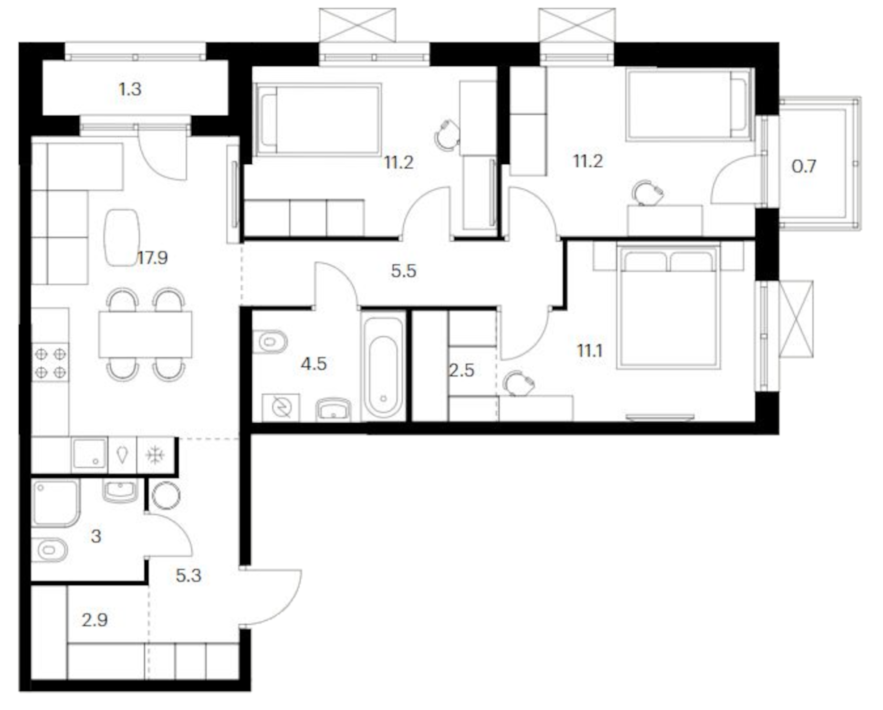 Планировка — Исеть парк, 3-комн., 75 м²
