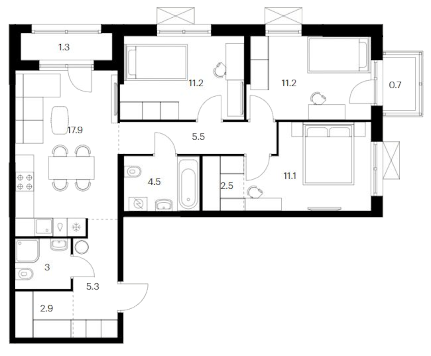 Планировка — Исеть парк, 3-комн., 75 м²