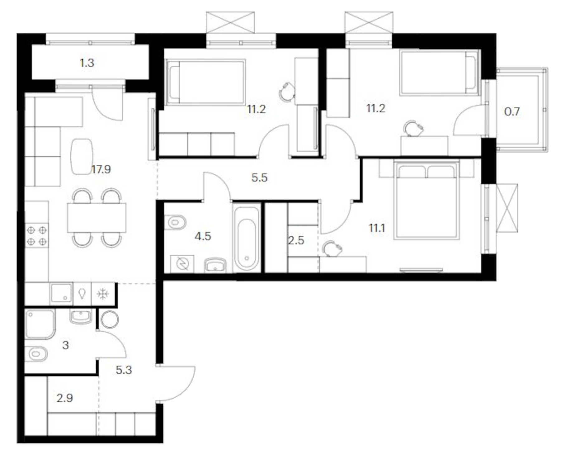 Планировка — Исеть парк, 3-комн., 75 м²