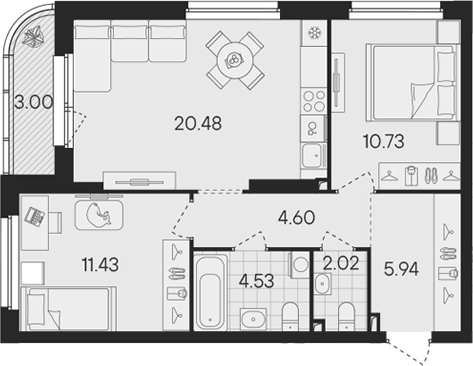 Планировка — Гравитация, 3-комн., 60 м²