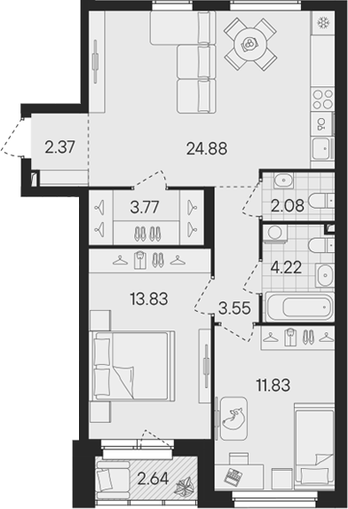 Планировка — Гравитация, 3-комн., 67 м²
