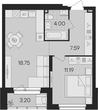 Планировка — Гравитация, 2-комн., 42 м²
