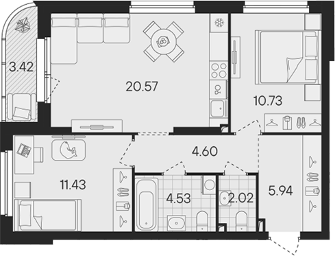 Планировка — Гравитация, 3-комн., 60 м²