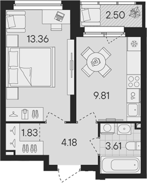 Планировка — Гравитация, 1-комн., 33 м²