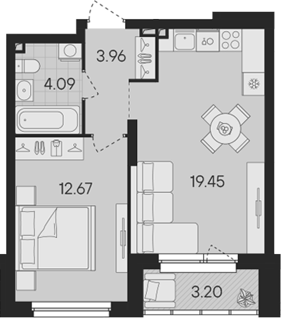 Планировка — Гравитация, 2-комн., 40 м²