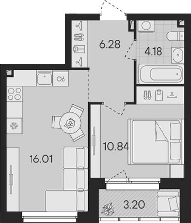 Планировка — Гравитация, 2-комн., 37 м²