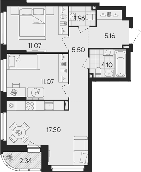 Планировка — Гравитация, 3-комн., 56 м²