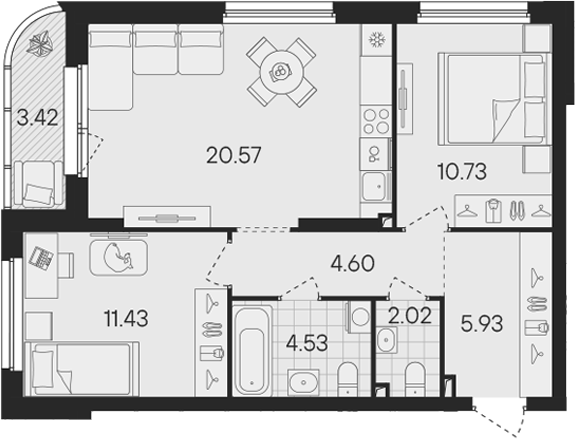 Планировка — Гравитация, 3-комн., 60 м²