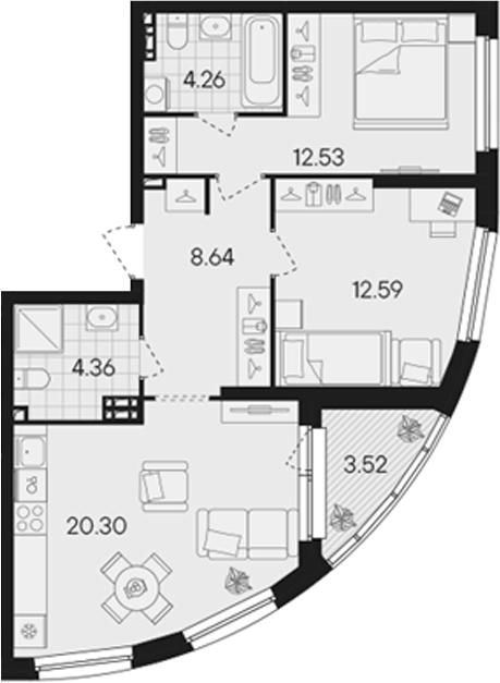 Планировка — Гравитация, 3-комн., 63 м²