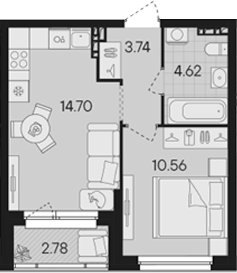 Планировка — Гравитация, 2-комн., 34 м²