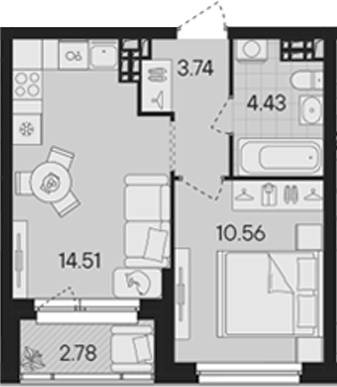 Планировка — Гравитация, 2-комн., 33 м²