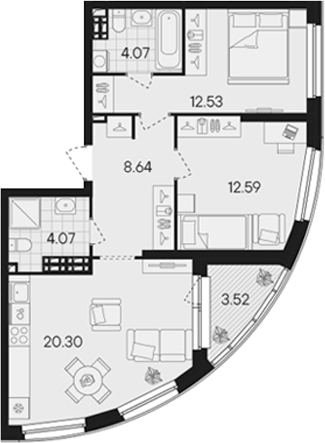 Планировка — Гравитация, 3-комн., 62 м²