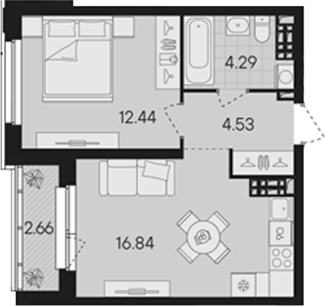Планировка — Гравитация, 2-комн., 38 м²