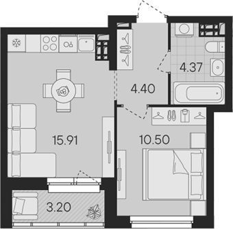Планировка — Гравитация, 2-комн., 35 м²