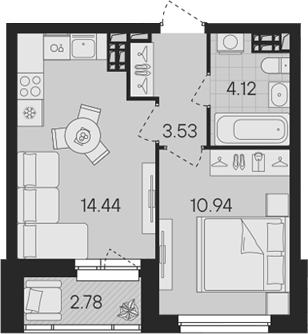 Планировка — Гравитация, 2-комн., 33 м²