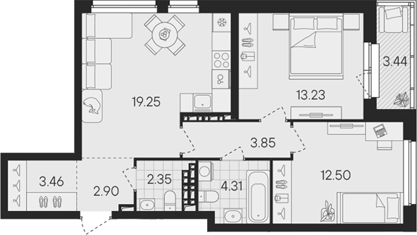 Планировка — Гравитация, 3-комн., 62 м²