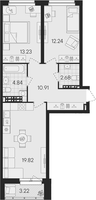 Планировка — Гравитация, 3-комн., 64 м²