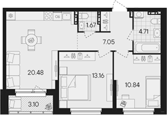 Планировка — Гравитация, 3-комн., 58 м²