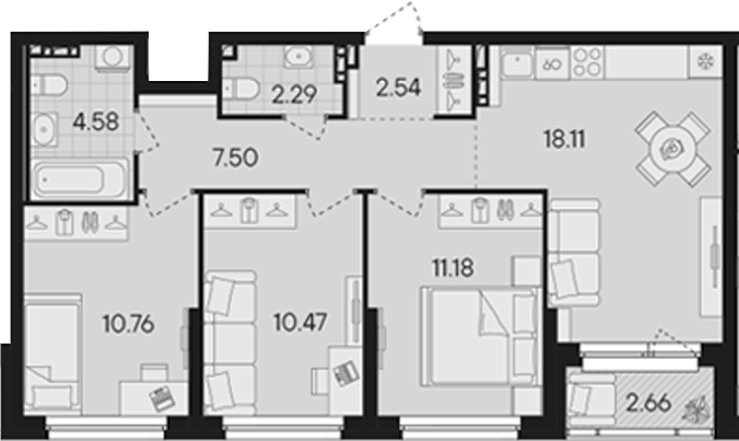 Планировка — Гравитация, 4-комн., 67 м²