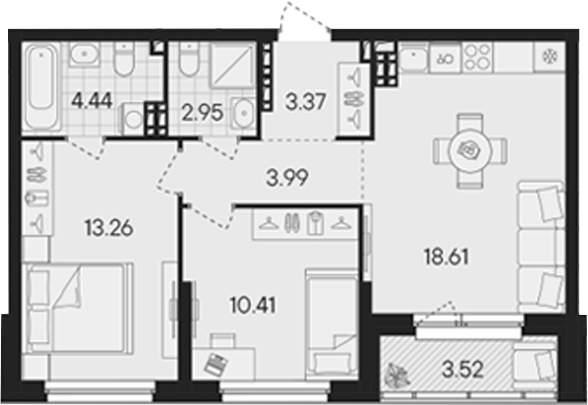 Планировка — Гравитация, 3-комн., 57 м²