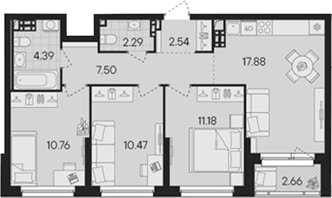 Планировка — Гравитация, 4-комн., 67 м²
