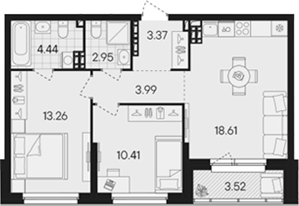 Планировка — Гравитация, 3-комн., 57 м²