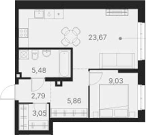 Планировка — Атлас Ривер, 1-комн., 50 м²