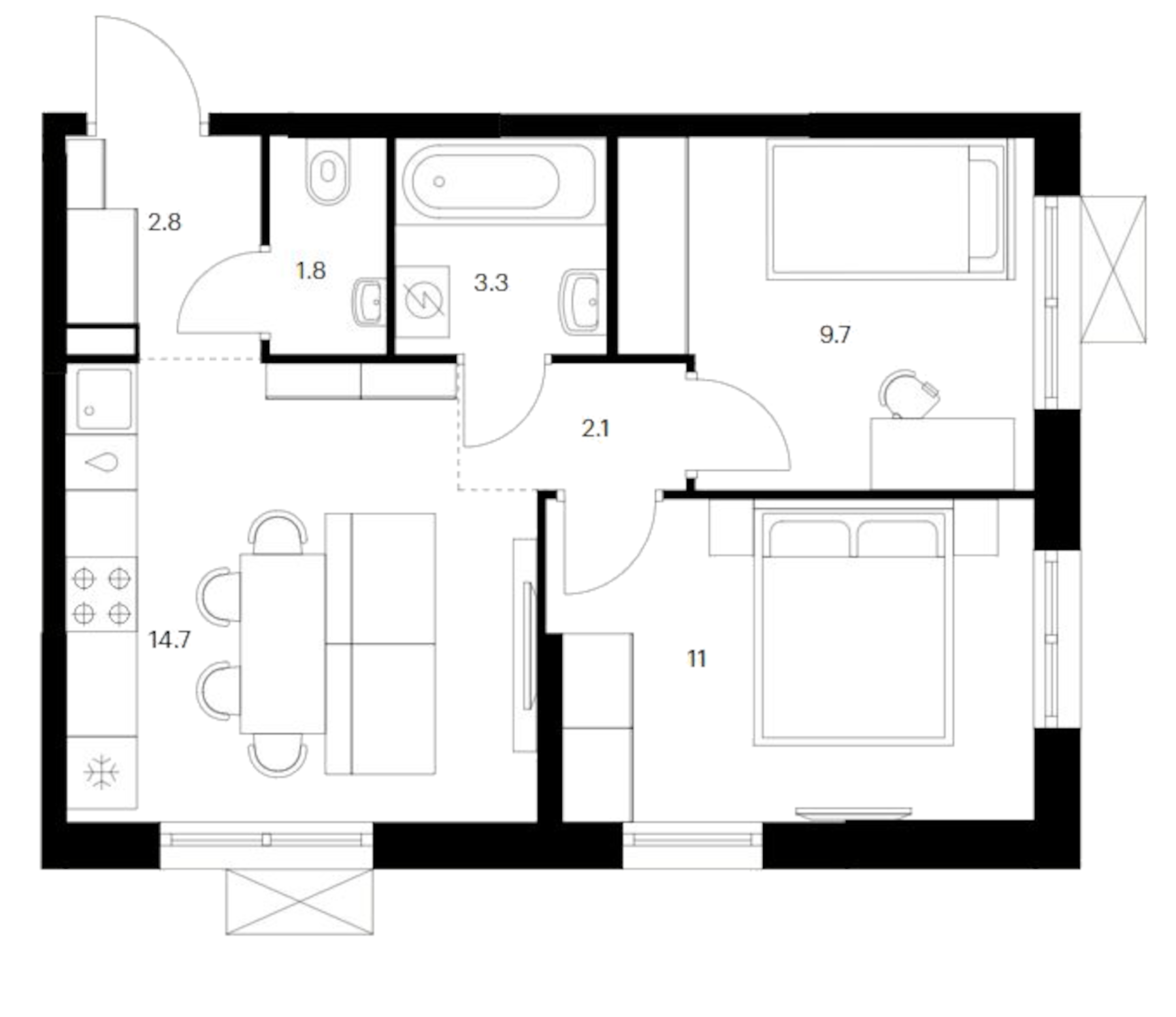 Планировка — Исеть парк, 2-комн., 45 м²