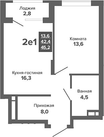 Планировка — Каменные палатки, 2-комн., 42 м²
