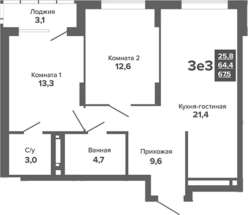Планировка — Каменные палатки, 3-комн., 64 м²