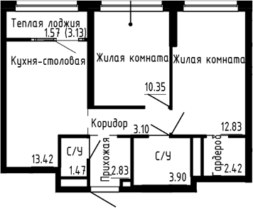 Планировка — Синица. Сезоны, 3-комн., 50 м²
