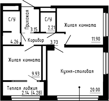 Планировка — Синица. Сезоны, 3-комн., 55 м²