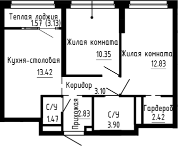Планировка — Синица. Сезоны, 3-комн., 50 м²