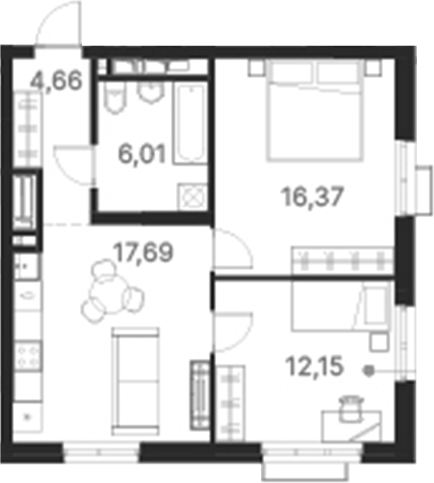 Планировка — Атлас Ривер, 2-комн., 57 м²