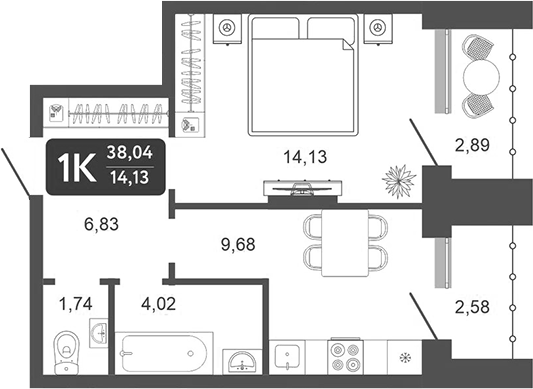 Планировка — Галерея, 1-комн., 35 м²