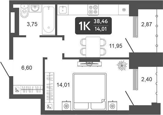 Планировка — Галерея, 1-комн., 36 м²