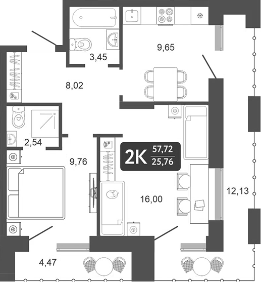 Планировка — Галерея, 2-комн., 49 м²