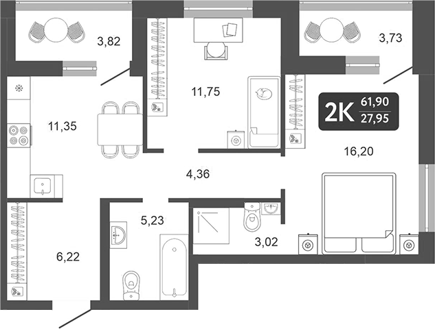 Планировка — Галерея, 2-комн., 58 м²