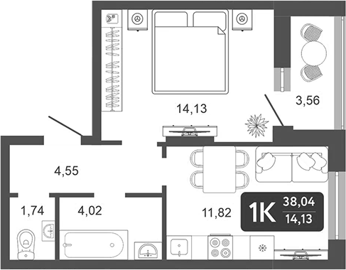 Планировка — Галерея, 1-комн., 36 м²