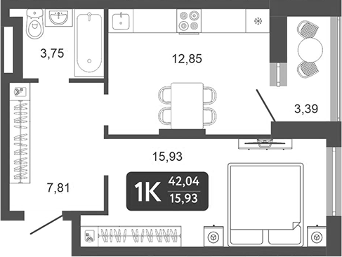 Планировка — Галерея, 1-комн., 40 м²